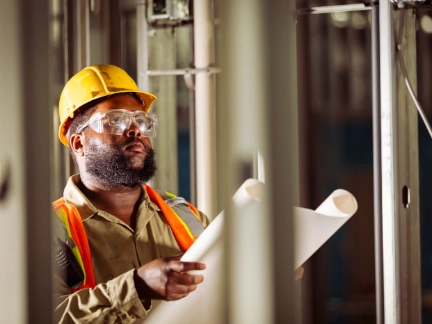 Construction worker reviewing drawings