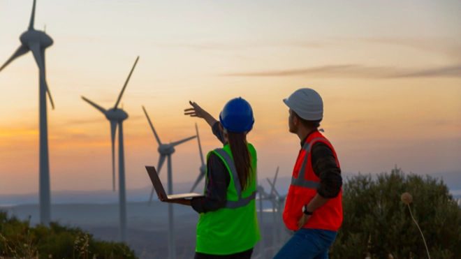 Two wind technicians (green vest/blue hard hat pointing with laptop; orange vest/white hard hat) overlook a field of large wind turbines at sunset.